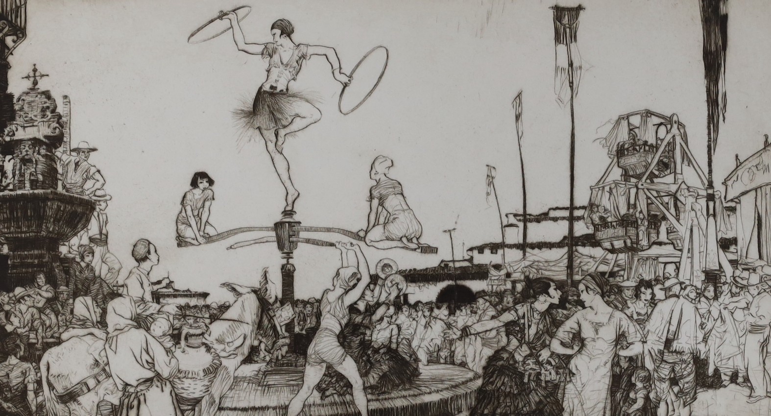 Sir William Russell Flint (1880-1969), drypoint etching, ‘Acrobats At Lorca Fair’, signed and inscribed ‘John’s Proof’, 20 x 34.5cm and a framed printed illuminated script panel